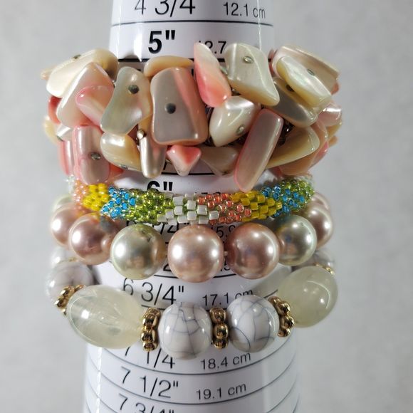Bundle of Bracelets Beaded Shell Faux Pearl Coral Pink Orange Stretch Japan - Picture 11 of 11